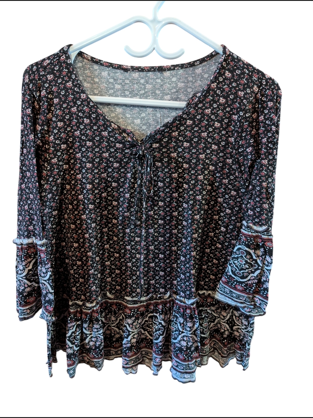 Boho Floral Peasant Top in Black and Pink
